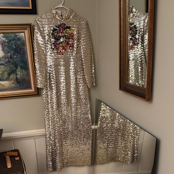 Dresses & Skirts - Vintage Silver Dragon 🐉 Holiday Sequin Colorful Embellished Dress Gown S M US 6